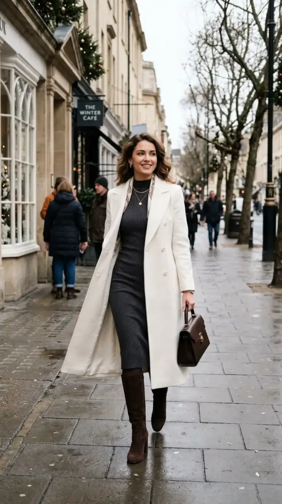 Classy Winter Outfit Ideas for Women: 20 Trendy Stylish Looks 17 knit-midi-dress-with-white-coat