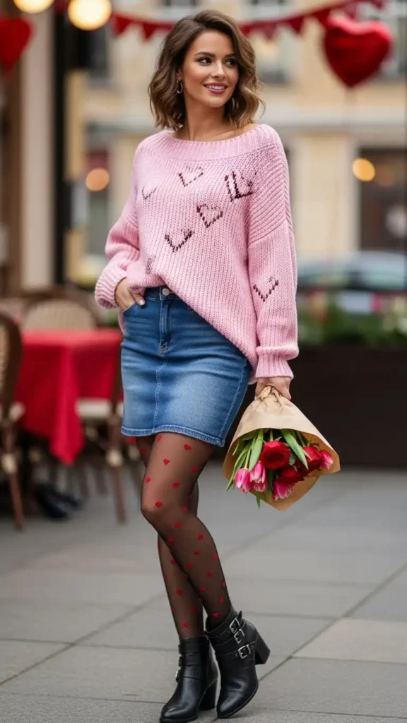 15 Casual Valentine’s Day Outfit Ideas to Stay Cute and Comfortable 4 mini-skirt-with-oversized-sweater