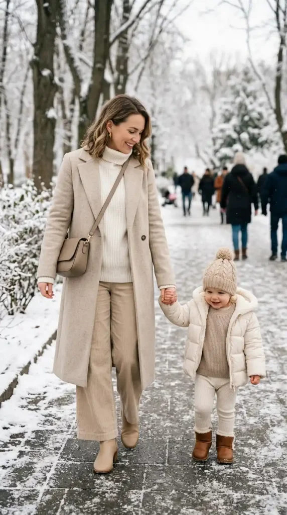 Classy Winter Outfit Ideas for Women: 20 Trendy Stylish Looks 7 mommy-and-me-neutral-winter-looks