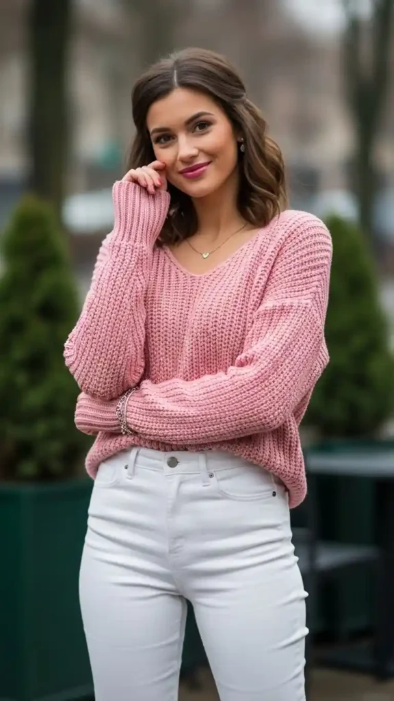 pink-sweater-with-white-jeans