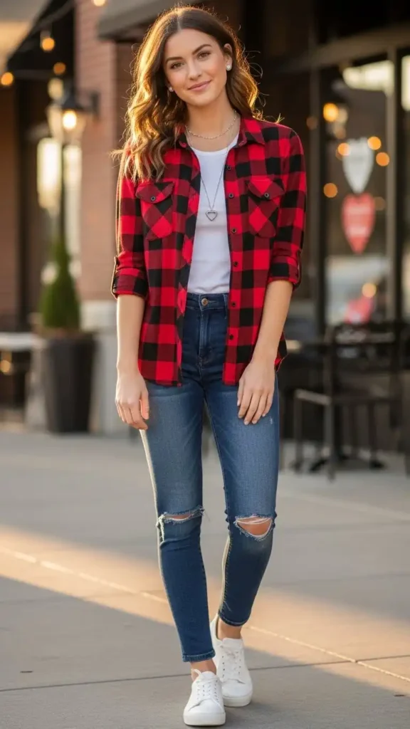 15 Casual Valentine’s Day Outfit Ideas to Stay Cute and Comfortable 12 plaid-shirt-with-jeans