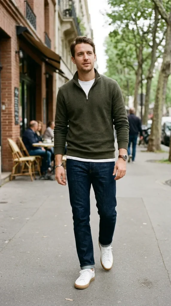 18+ Casual Outfit for Men Ideas to Look Stylish Every Day 11 quarter-zip-pullover-dark-jeans-leather-sneakers