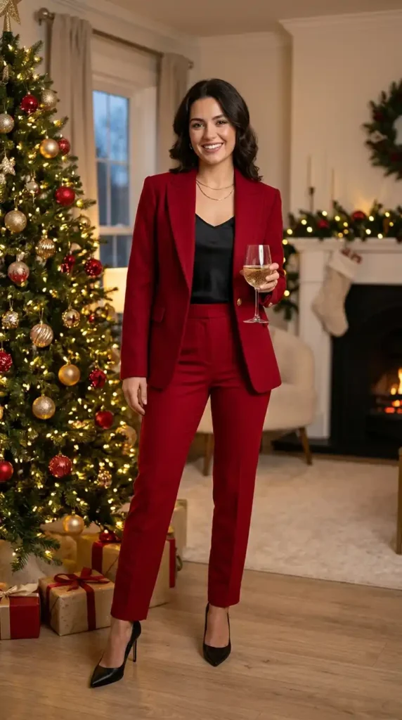 18+ Stunning Red Christmas Outfits for a Memorable Holiday 5 red-blazer-with-tailored-trousers