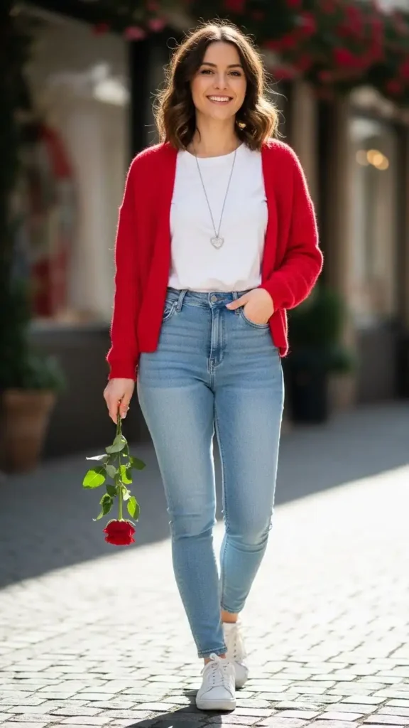 15 Casual Valentine’s Day Outfit Ideas to Stay Cute and Comfortable 3 red-cardigan-over-a-white-tee