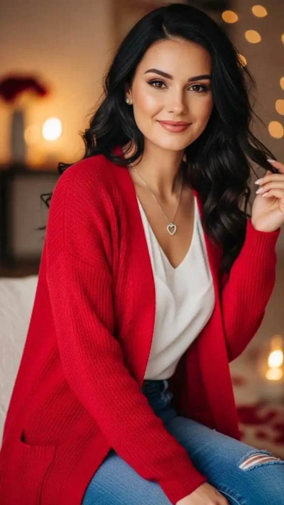 red-cardigan-with-white-top-and-jeans