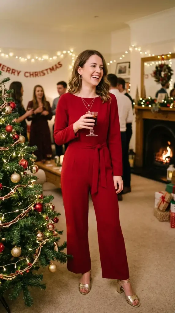 18+ Stunning Red Christmas Outfits for a Memorable Holiday 19 red-jumpsuit