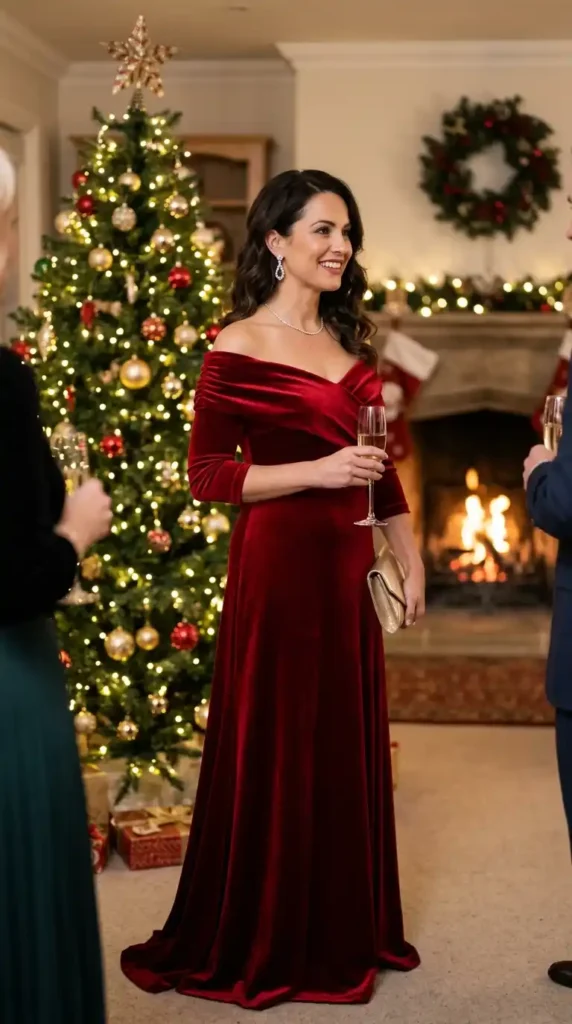 18+ Stunning Red Christmas Outfits for a Memorable Holiday 9 red-off-shoulder-gown