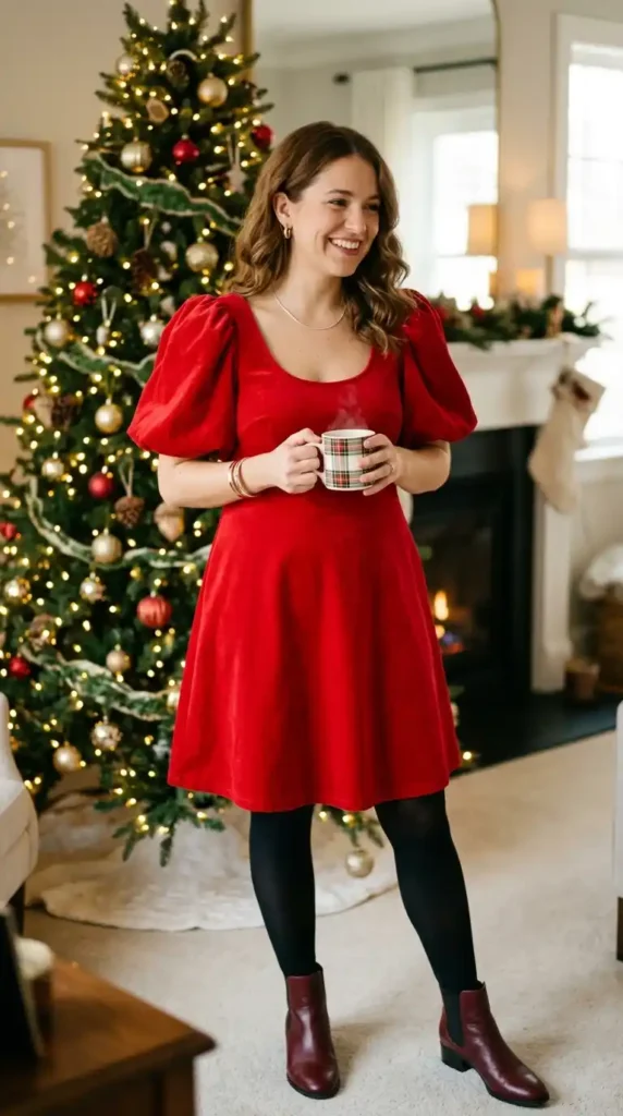 18+ Stunning Red Christmas Outfits for a Memorable Holiday 18 red-puff-sleeve-dress