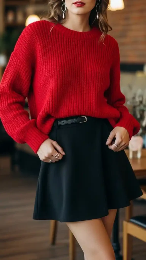 red-sweater-with-black-skirt