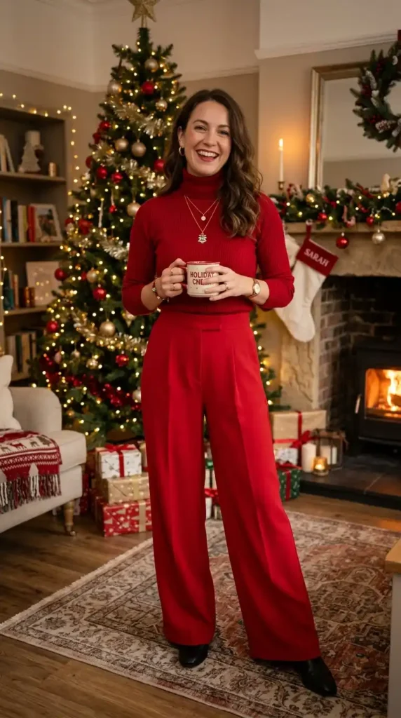 18+ Stunning Red Christmas Outfits for a Memorable Holiday 14 red-turtleneck-with-wide-leg-trousers