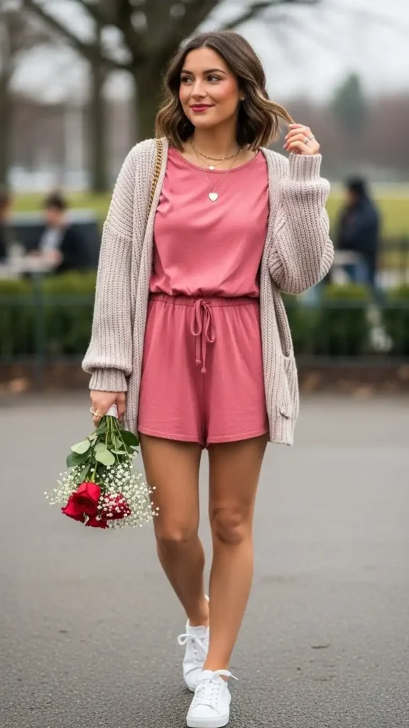 15 Casual Valentine’s Day Outfit Ideas to Stay Cute and Comfortable 13 romper-with-cardigan