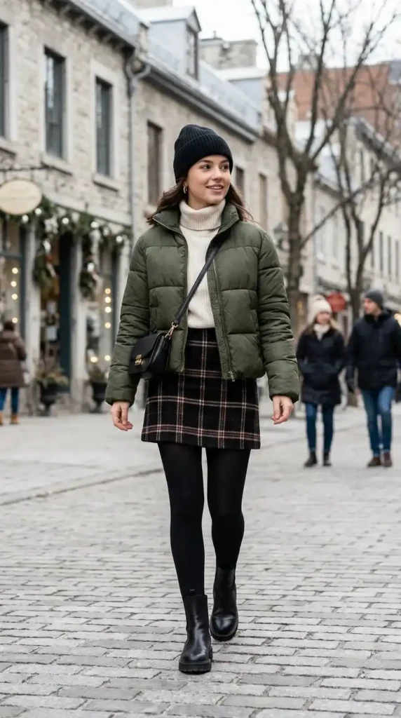 Classy Winter Outfit Ideas for Women: 20 Trendy Stylish Looks 8 teen-girl-puffer-jacket-with-mini-skirt