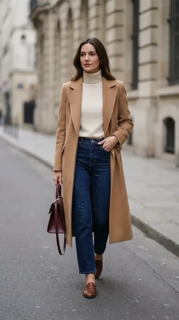 16 Timeless and Elegant Old Money Winter Outfits for Women 2 the-camel-coat-and-straight-leg-jeans