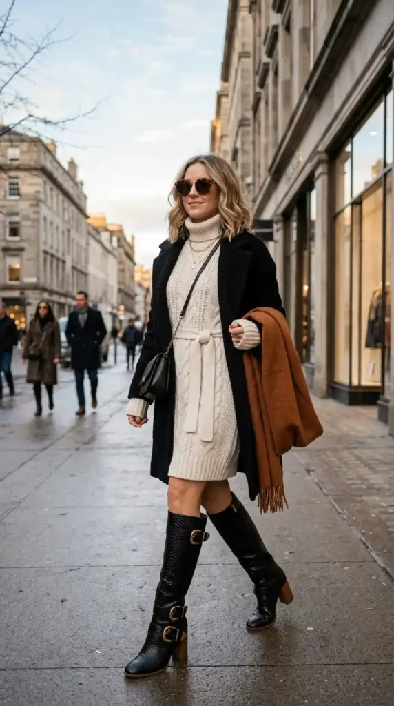 Celebrity-Approved Winter Birthday Outfits to Style for the Party 12 the-knit-dress-statement-boot
