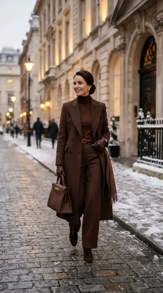 16 Timeless and Elegant Old Money Winter Outfits for Women 15 the-monochrome-chocolate-brown-evening-look
