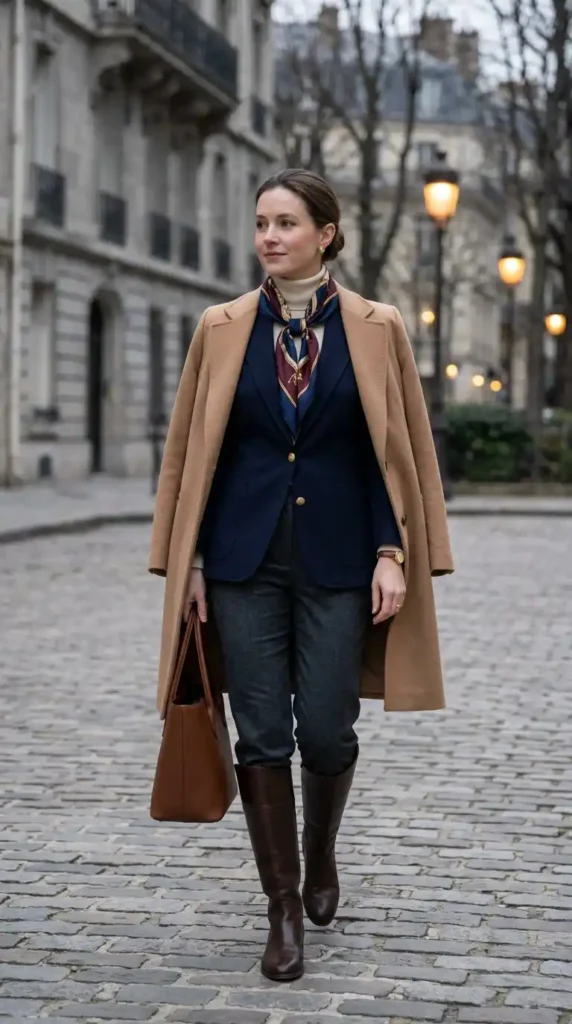 16 Timeless and Elegant Old Money Winter Outfits for Women 17 the-navy-blazer-with-a-silk-scarf