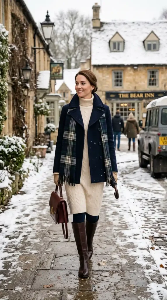 16 Timeless and Elegant Old Money Winter Outfits for Women 5 the-navy-peacoat-and-knit-dress