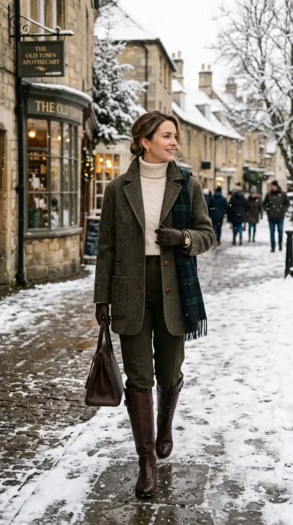 16 Timeless and Elegant Old Money Winter Outfits for Women 12 the-oversized-tweed-jacket-and-leather-boots