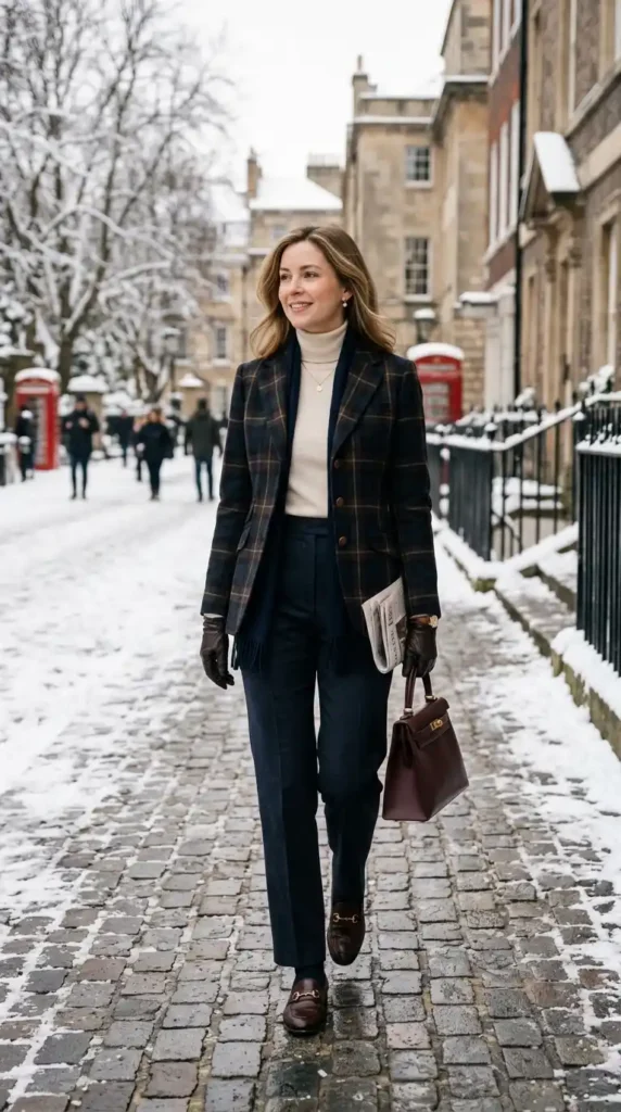 16 Timeless and Elegant Old Money Winter Outfits for Women 3 the-plaid-blazer-and-dark-trousers