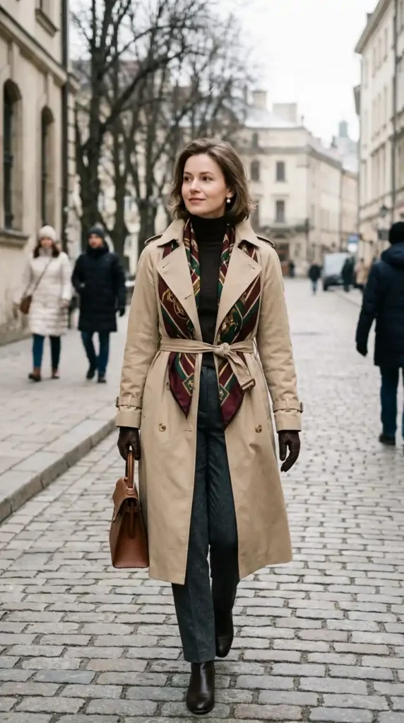16 Timeless and Elegant Old Money Winter Outfits for Women 11 the-silk-scarf-and-trench-coat-combination