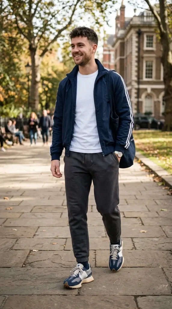 18+ Casual Outfit for Men Ideas to Look Stylish Every Day 16 track-jacket-plain-tee-tapered-joggers-retro-sneakers