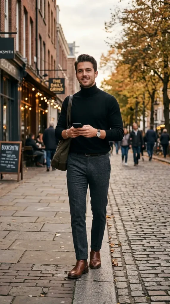 18+ Casual Outfit for Men Ideas to Look Stylish Every Day 18 turtleneck-trousers-chelsea-boots
