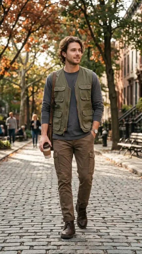 18+ Casual Outfit for Men Ideas to Look Stylish Every Day 17 utility-vest-long-sleeve-tee-cargo-trousers