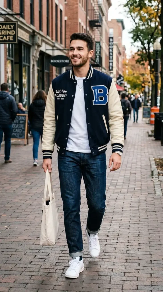 18+ Casual Outfit for Men Ideas to Look Stylish Every Day 20 varsity-jacket-white-tee-dark-jeans