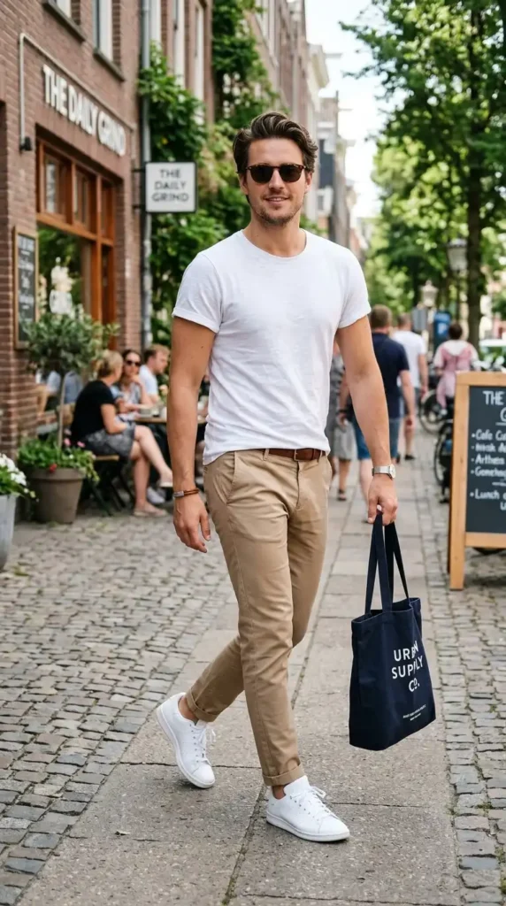 18+ Casual Outfit for Men Ideas to Look Stylish Every Day 2 white-tee-chinos-white-sneakers