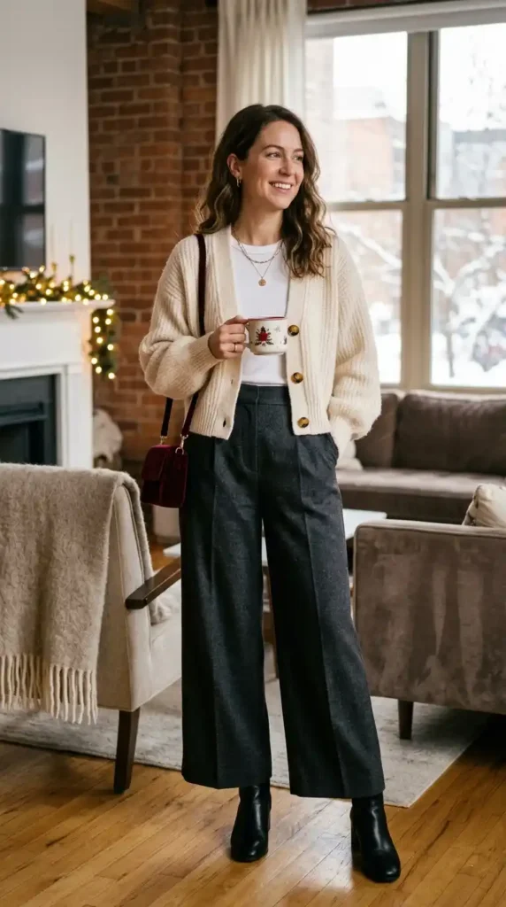 13+ New Year Casual Outfit Ideas Every Woman Needs This Winter 4 wide-leg-trousers-with-a-cropped-cardigan