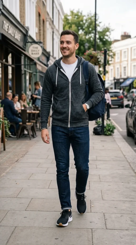18+ Casual Outfit for Men Ideas to Look Stylish Every Day 21 zip-up-hoodie-slim-jeans-running-shoes