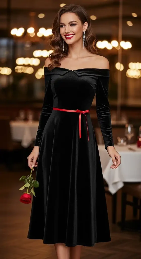 black-velvet-midi-dress-with-red-accents