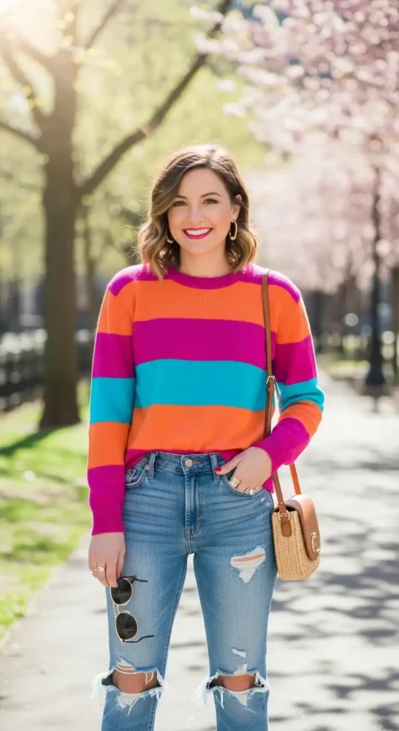 16 Fresh Spring Outfits That Keep You Stylish and Beautiful Daily 15 Bold-Striped-Sweater-Paired-with-Ripped-Denim