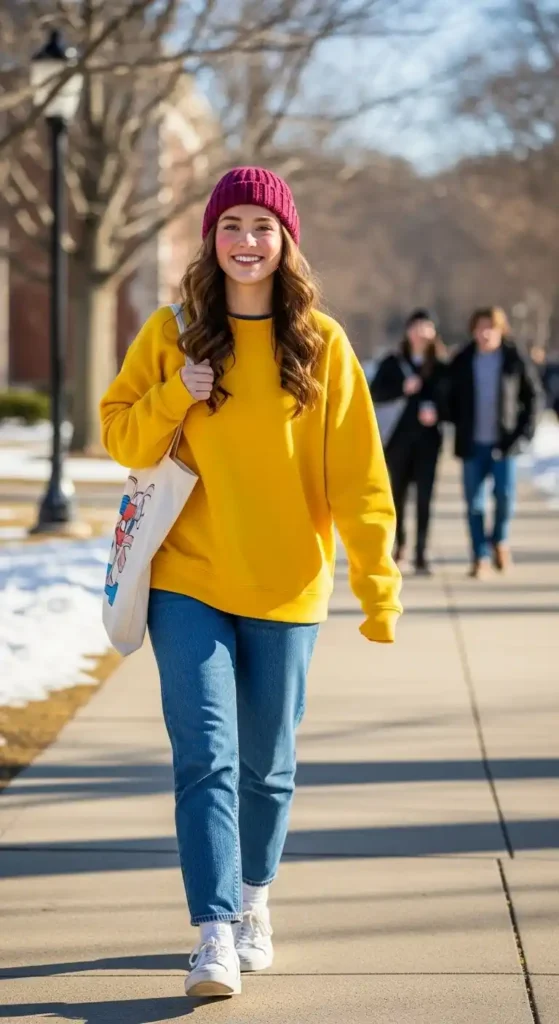 How to Style Winter Outfits for College Girls on a Budget 3 bright-sweatshirt-with-classic-denim-combo