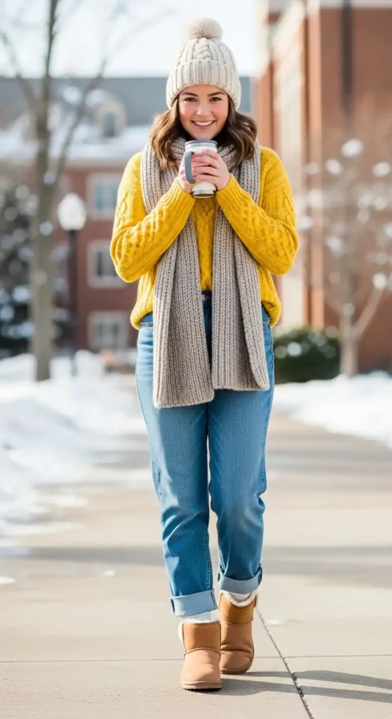 How to Style Winter Outfits for College Girls on a Budget 12 bright-yellow-sweater-with-neutral-bottoms