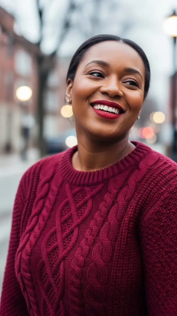 16+ Trendy Winter Outfits for Black Girls to Elevate Your Style 7 burgundy-accents-statement-knits