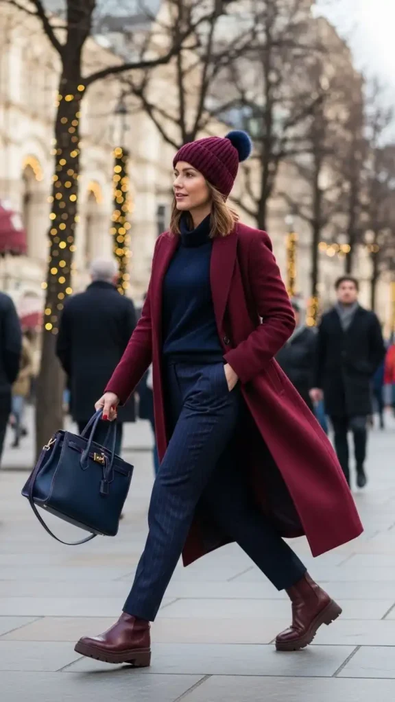 17 Trendy Winter Street Style Outfit Ideas for Women to Wear This Season 14 burgundy-and-navy-clash
