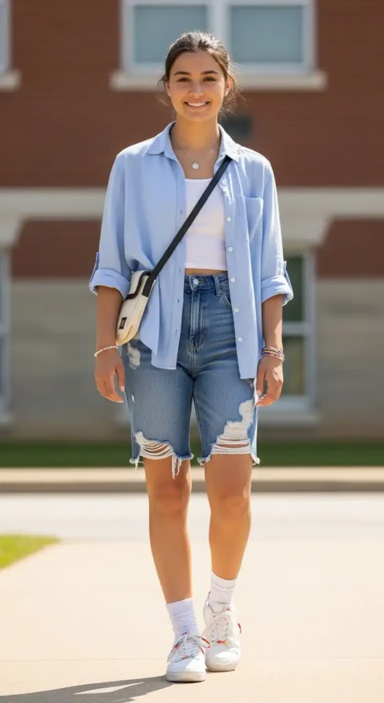 15 Trendy Outfit Ideas For School That Are Cute & Comfortable 5 button-up-shirt-with-shorts