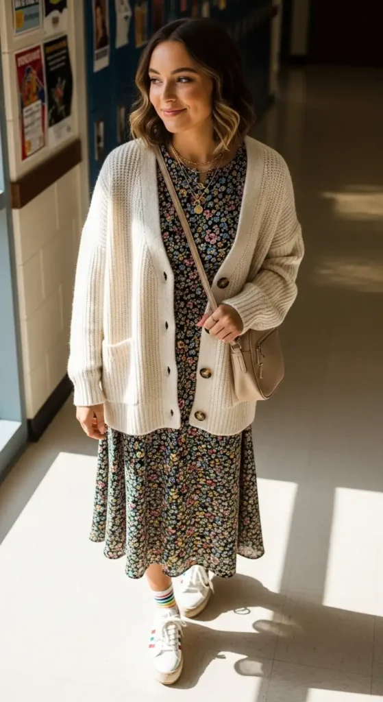 15 Trendy Outfit Ideas For School That Are Cute & Comfortable 13 cardigan-with-midi-dress