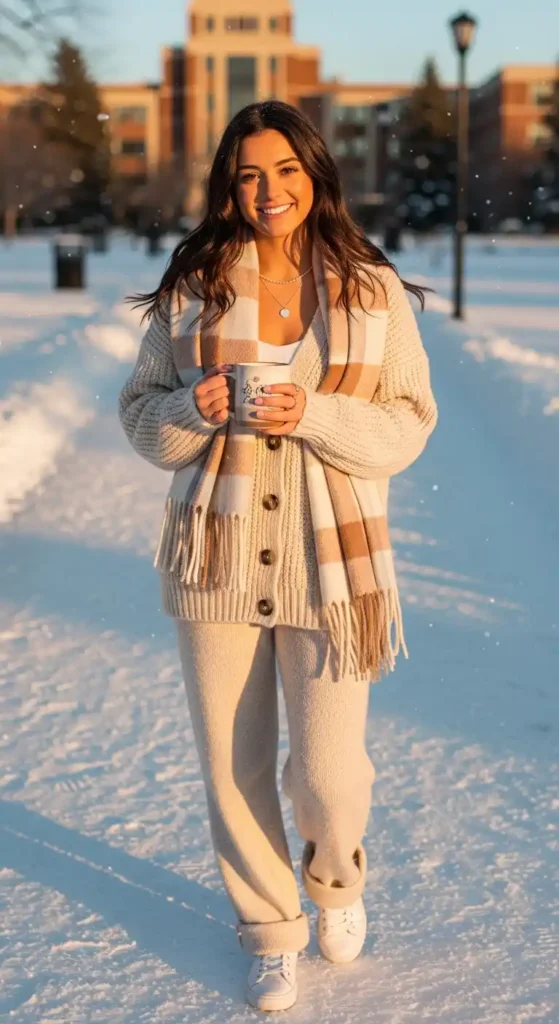 How to Style Winter Outfits for College Girls on a Budget 7 cream-cardigan-with-matching-trousers