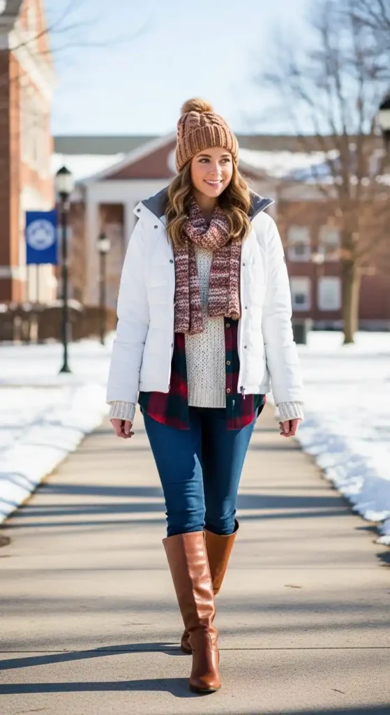 How to Style Winter Outfits for College Girls on a Budget 11 crisp-white-puffer-jacket-layered-look
