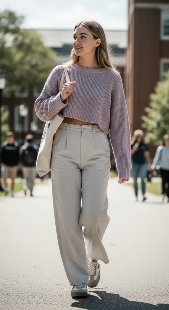 15 Trendy Outfit Ideas For School That Are Cute & Comfortable 16 cropped-sweater-with-wide-leg-pants