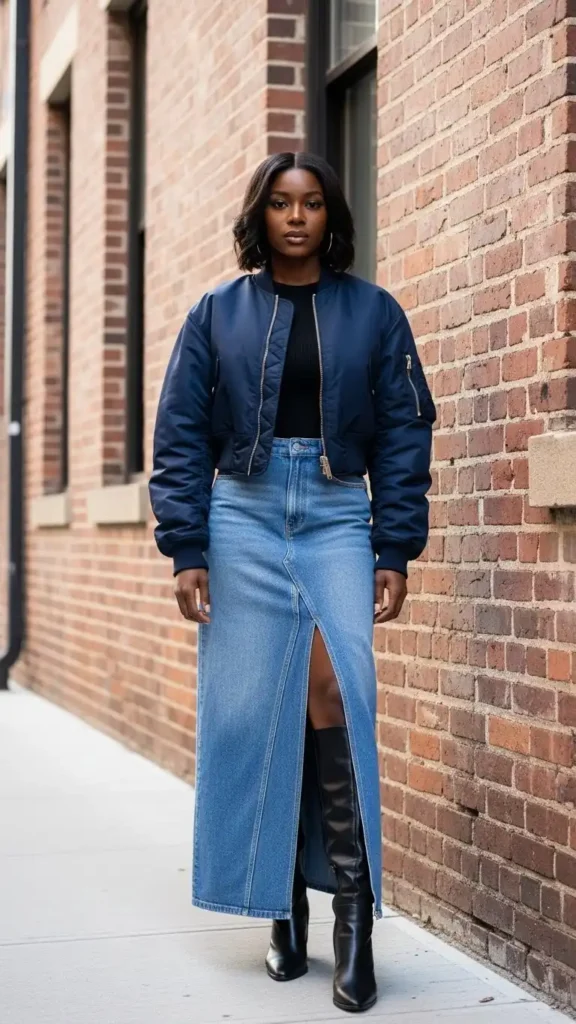 16+ Trendy Winter Outfits for Black Girls to Elevate Your Style 12 denim-maxi-skirt-streetwear