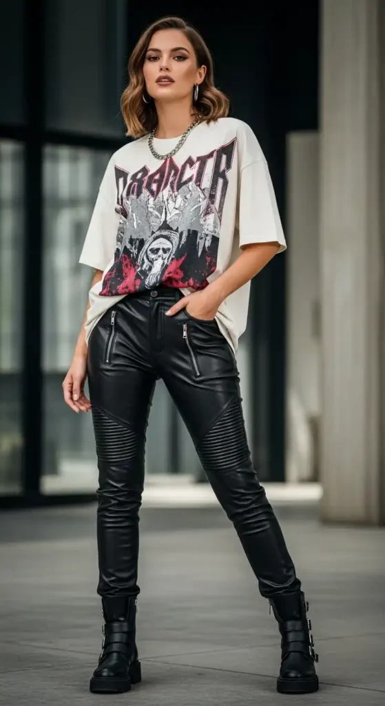 edgy-leather-pants-with-an-oversized-graphic-tee