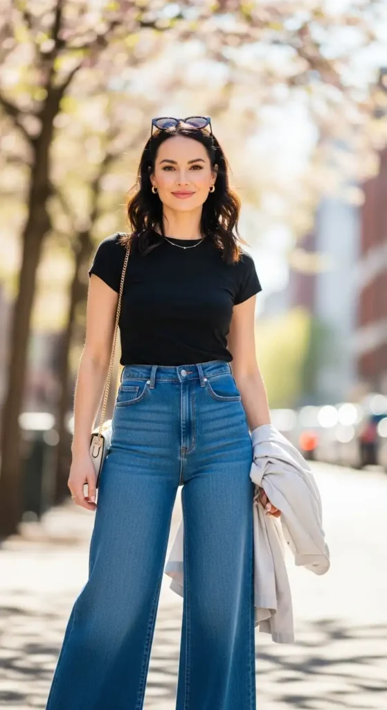 16 Fresh Spring Outfits That Keep You Stylish and Beautiful Daily 12 Effortlessly-Chic-in-Wide-Leg-Jeans-and-Minimal-Black-Tee