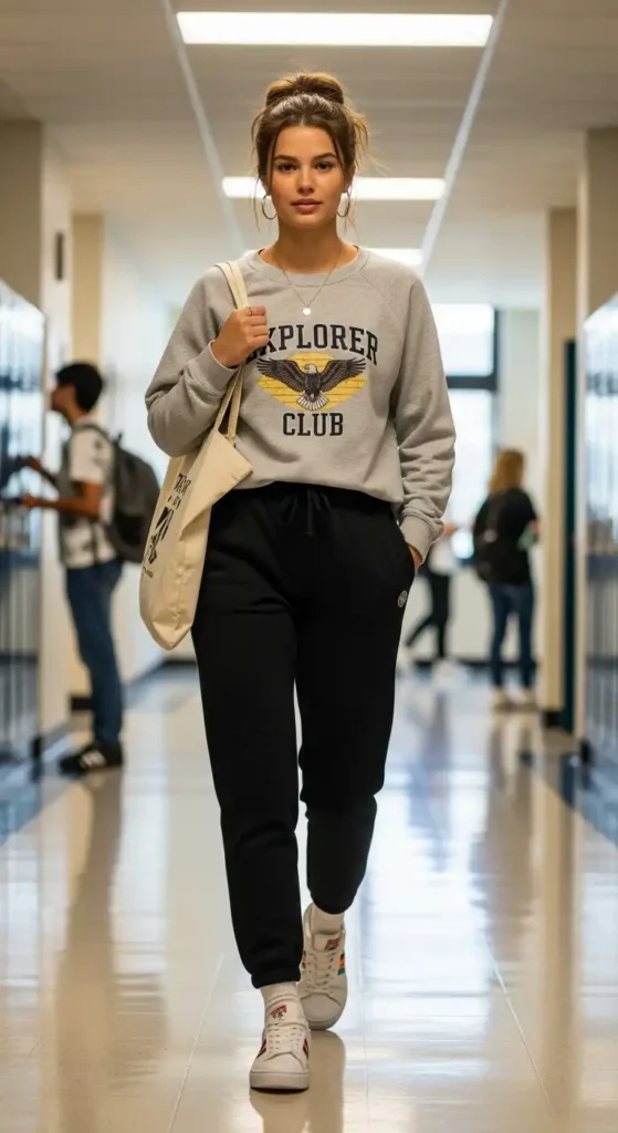 15 Trendy Outfit Ideas For School That Are Cute & Comfortable 6 graphic-sweatshirt-with-joggers