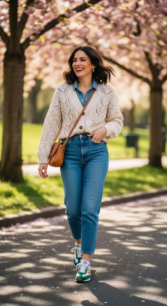 16 Fresh Spring Outfits That Keep You Stylish and Beautiful Daily 14 Knit-Cardigan-and-Retro-Sneakers-Combo