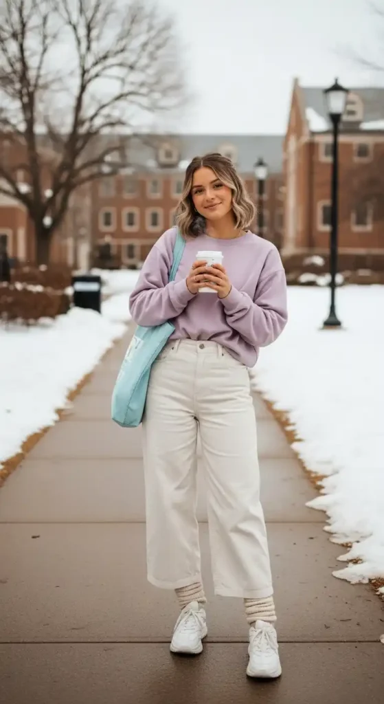 How to Style Winter Outfits for College Girls on a Budget 8 pastel-sweatshirt-and-wide-leg-pants