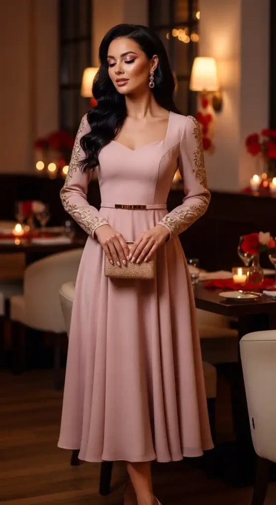 Valentine’s Day Aesthetic Outfit Ideas to Look Chic and Romantic 16 pink-dress-with-gold-accent