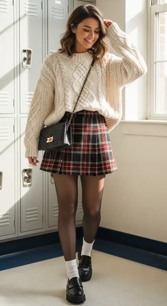 15 Trendy Outfit Ideas For School That Are Cute & Comfortable 7 plaid-skirt-with-knit-sweater
